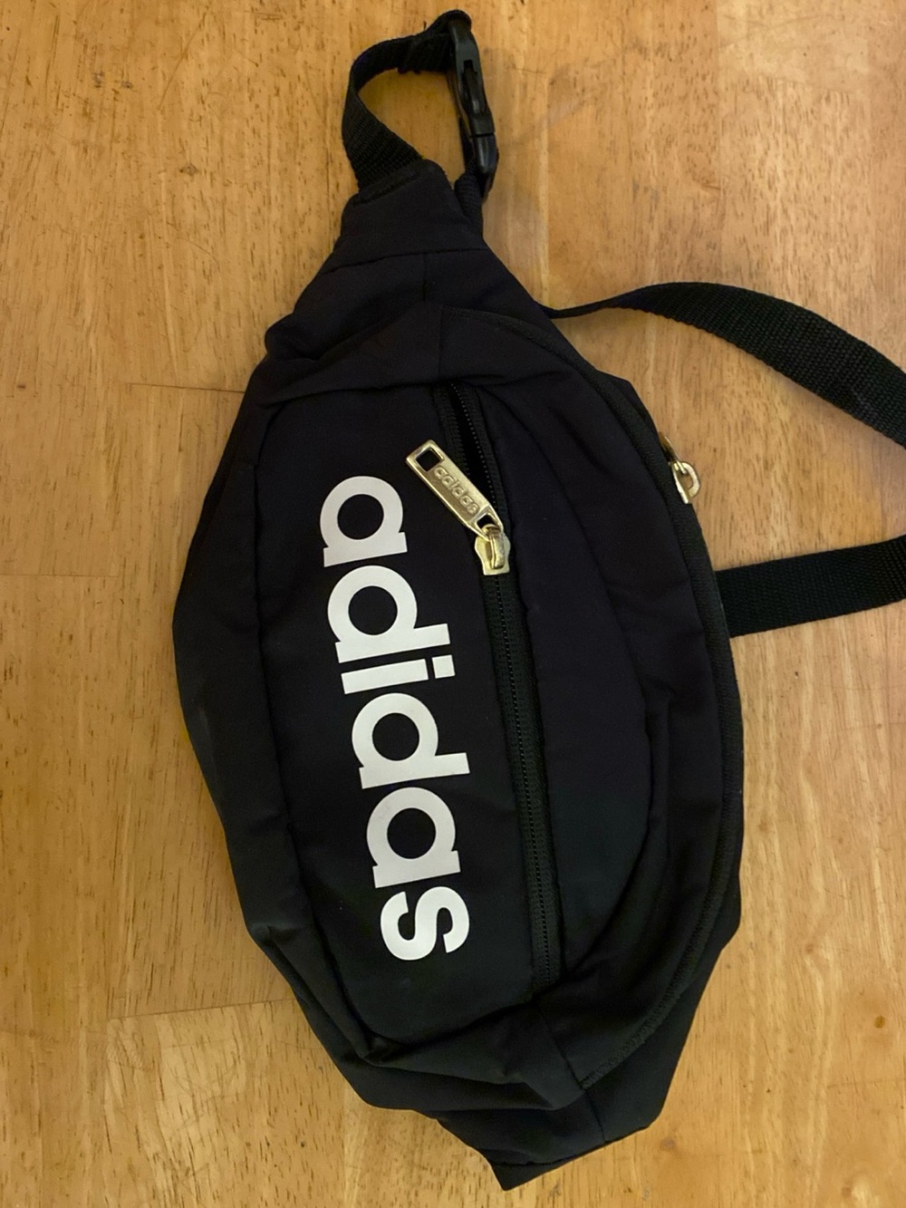 V! Adidas Black Waist Bag Fanny Pack White Logo Gold Zippers Adjustable Strap